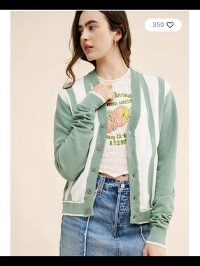 Urban Outfitters Green and White Striped Button Cardigan